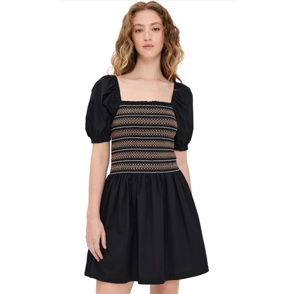 NWT Madewell Poplin Smocked Puff-Sleeve Mini Dress‎ Black Embroidered Large